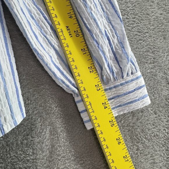 TheGET Top Womens S White Blue Striped Ruffle Button Up Crew Neck Preppy Career - Picture 10 of 12